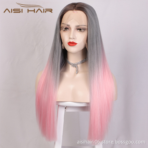 Aisi Hair Wholesale Long Silky Straight Ombre Pink Dark Root Lace Wig Middle Part Synthetic Hair Lace Frontal Wigs For Women